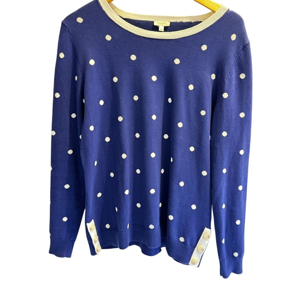 Talbots Womens Large‎ Crew Neck Sweater Blue White Polka Dot 100% Cotton Preppy